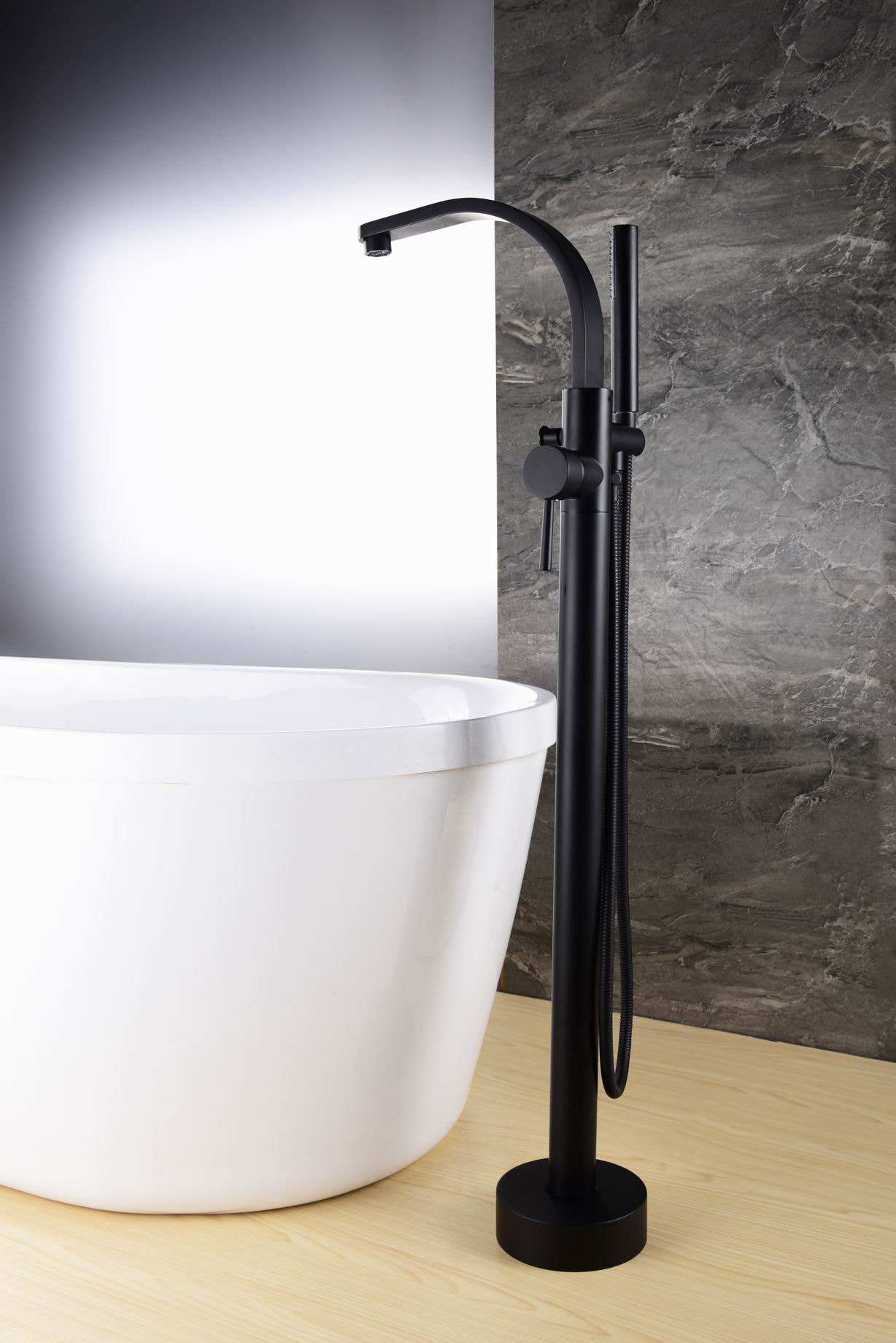 Modern Design Single Handle Floor Free Stand Black Bathtub Faucet Matte Black Bath Shower Faucet With Hand Shower