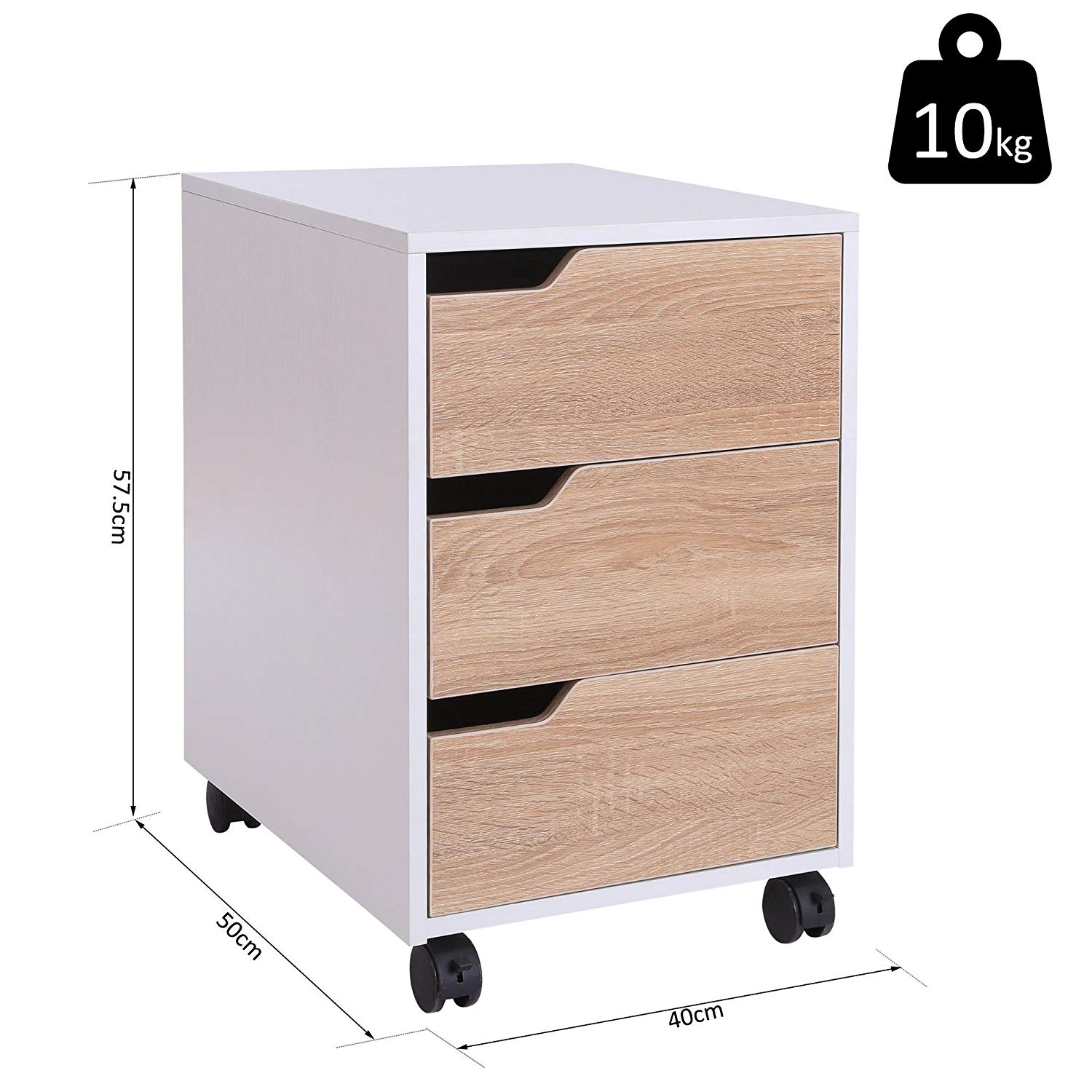 MDF Mobile File Cabinet Pedestal with 3 Drawers Lockable Casters Oak and White