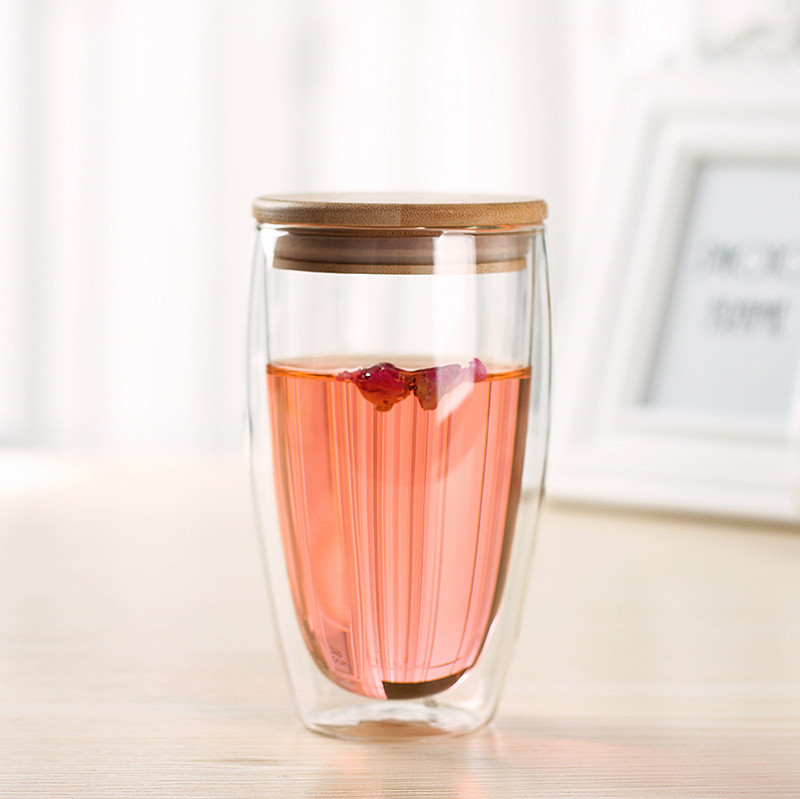 Haonai 240ml 360ml 450ml double wall borosilicate glass cup glass tea cup with wooden seal lid