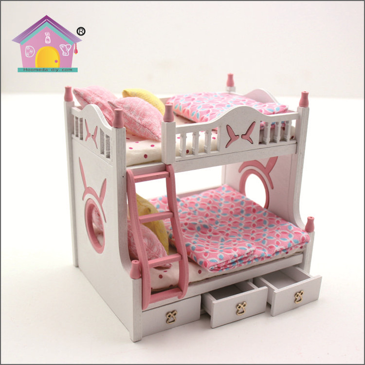 Latest miniature houses china miniature bunk bed dolls diy wood pink