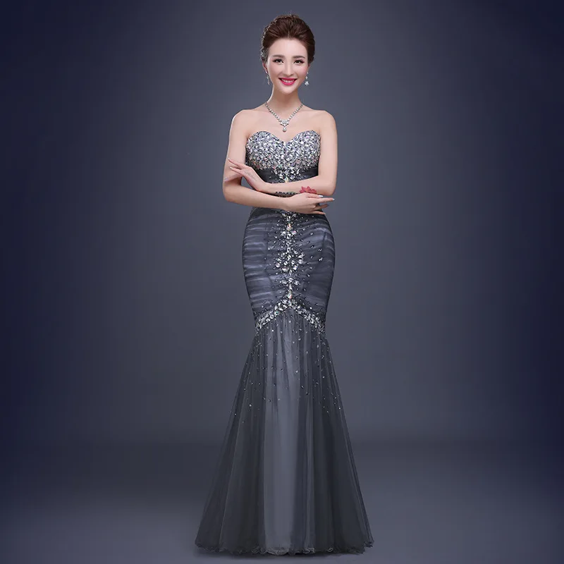 YQ91 European Fashion Luxury Beaded Strapless Fish Tail Formal Evening Party Dress