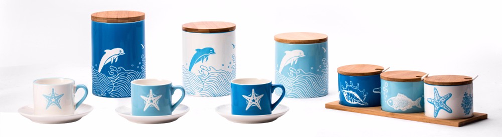 Promotional ceramic coffee mugs Stoneware cups with plate Aquarium souvenirs