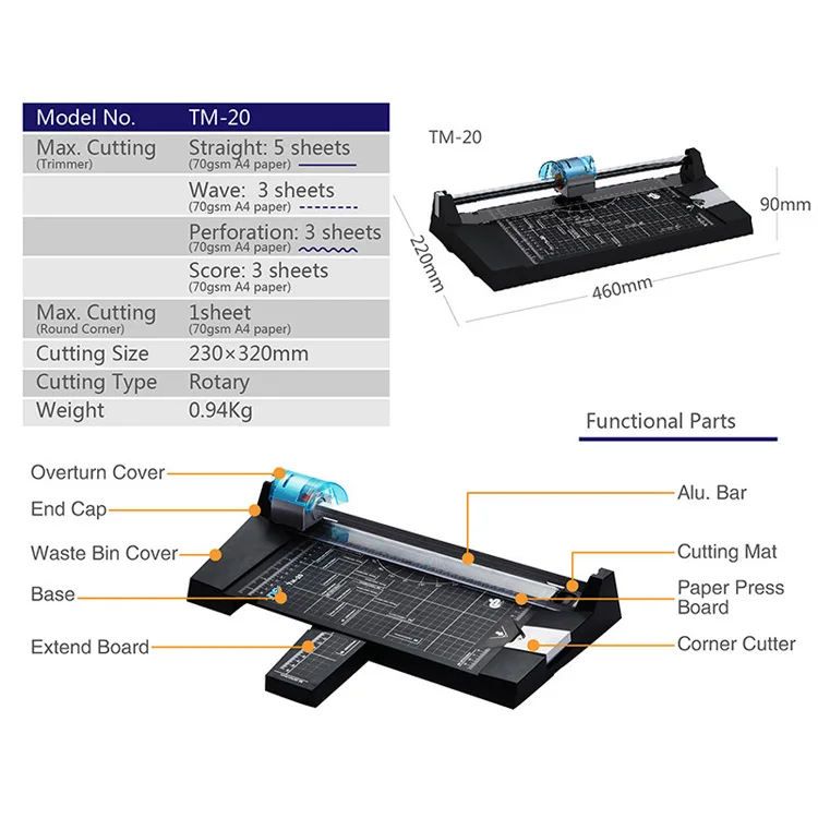 TM-20 5 IN 1 A3 Paper Trimmer Cutter A4 Hand Operated Wave Corner Round Cutting Machine A5 Manual Paper Cutter