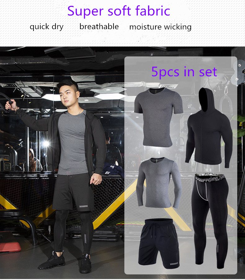 5 piece in set men quick dry training wear set gym clothes running suits breathable running  wear sport suit for man