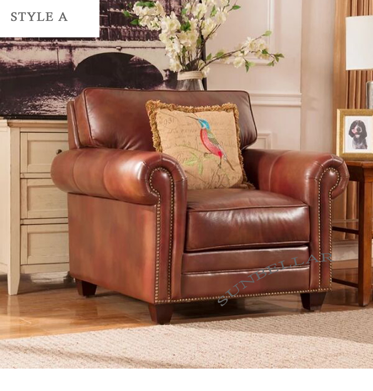 luxury home furniture America vintage tan leather sofa roll arm single seat armchair antique genuine leather sofa