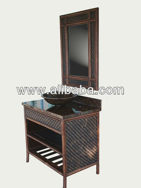 005 Rattan Vanity With Ressin Coconat Top And Sink 005 Rattan Vanity With Ressin Coconat