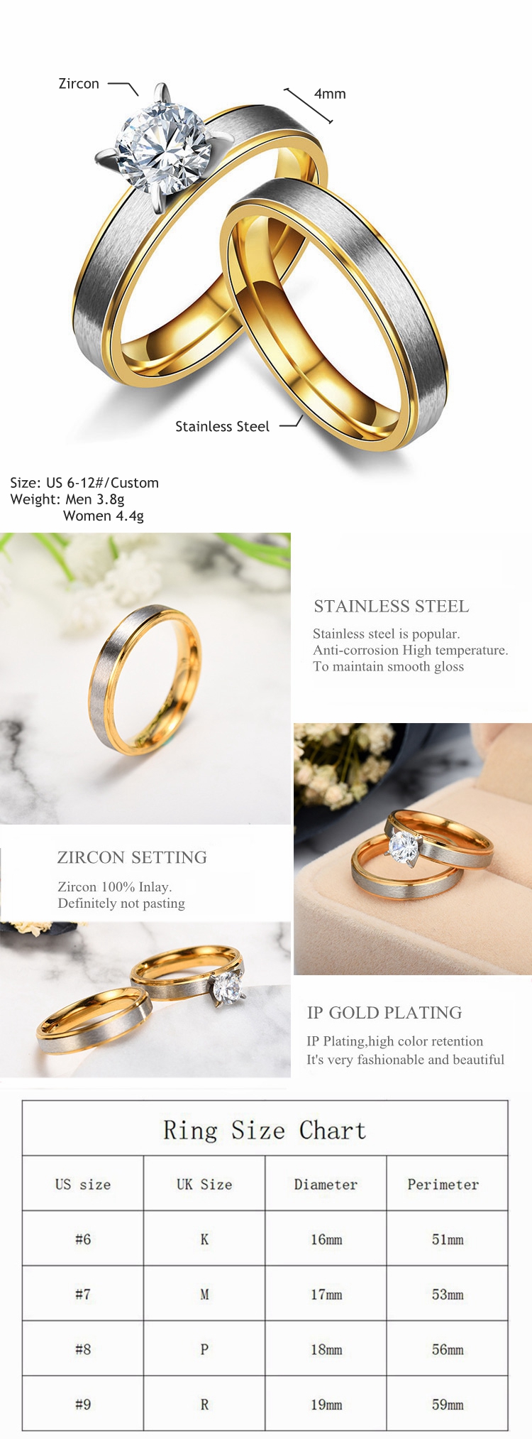 Fashion Simple Cheap Stainless Steel Lovers Matte Marriage Zircon Bridal Rings