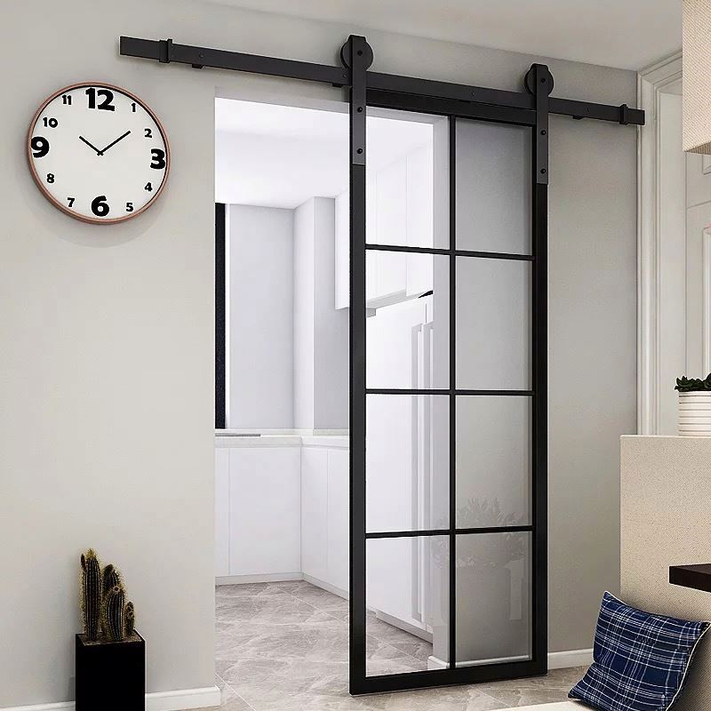 Moderno completa Lite lluvia de vidrio Pino tintado Interior Puerta de granero con puerta corredera Hardware Kit