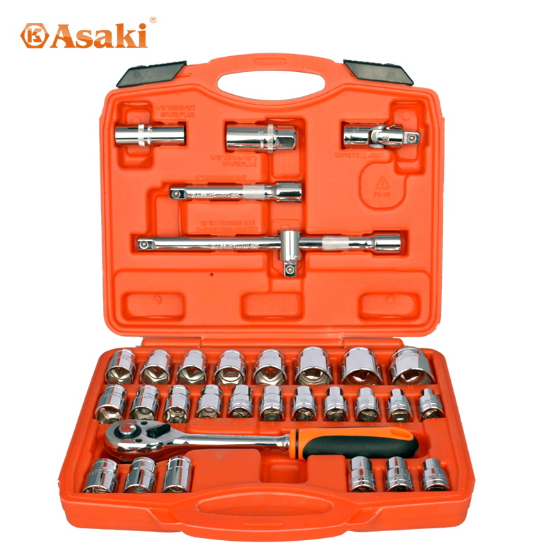 ASAKI AK-9772 32pcs High Quality CR-V 1/2" DR.  Socket Tool Set CRV for mining metallurgy shipbuilding electricity auto  repair