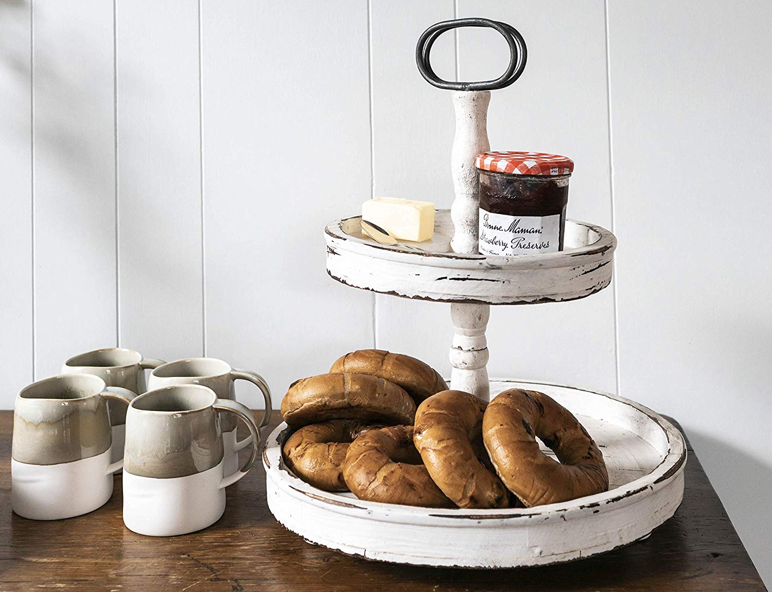 YuGuang New Design Distressed Cream Round Wood Tray with  Metal Handle 2-Tier Round Wooden Tray