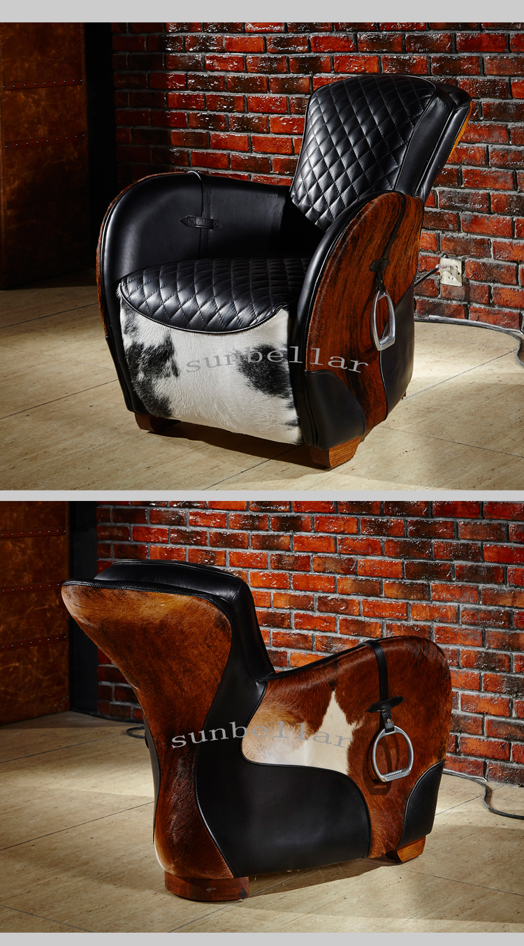 retro American vintage genuine leather horse saddle chair home chaise lounge chair luxury leather recliner chair with footrest