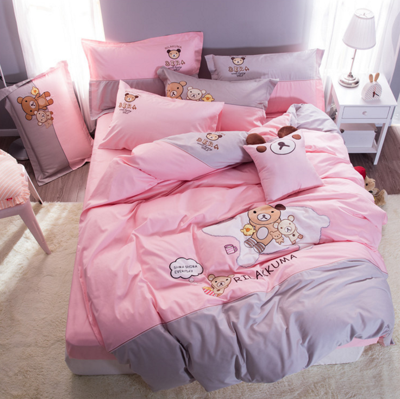 Cute Bear Cartoon Twin Bedding Duvet Cover Sets,  Cotton 100 Percent for baby Toddler Teen Pink quadrille plaid designs