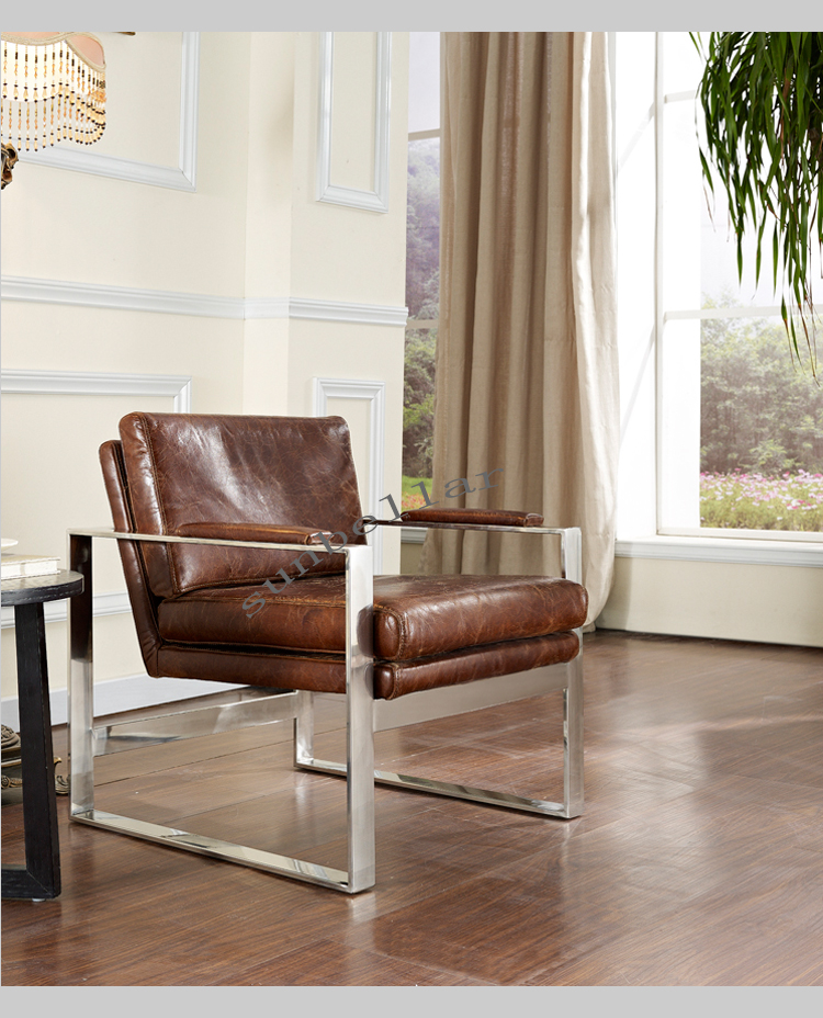 Foshan Furniture factory stainless steel metal vintage genuine leather armchair home office waiting chair multi purpose use