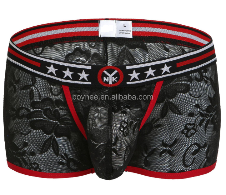 新款男士内衣性感透明内裤低矮刺绣蕾丝大袋子看透内衣内裤