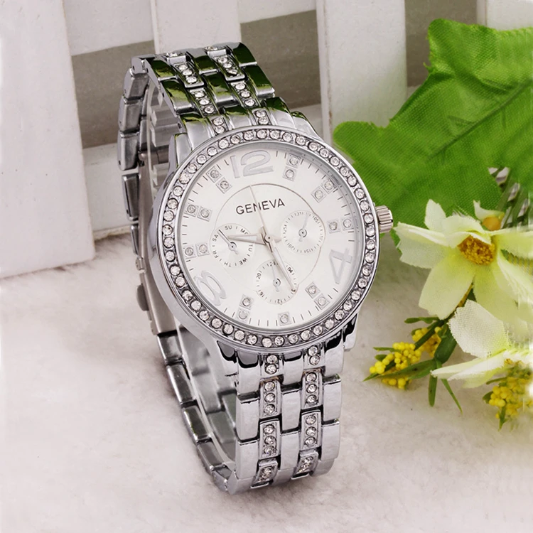 Supplier Price Ladies Quartz Diamond Woman Silver Geneva Watch