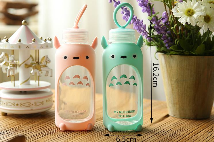 370ml Cute Totoro Cartoon Glass Cup,Travel Water Bottle With Silicone Sleeve.