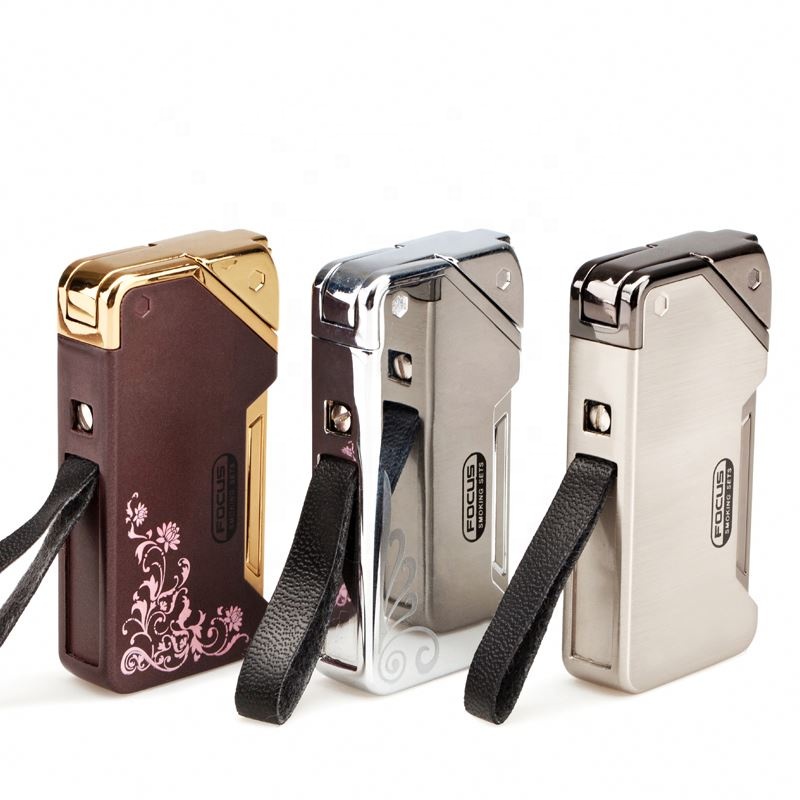 带皮革钥匙链的防风金属可再充填丁烷气体打火机