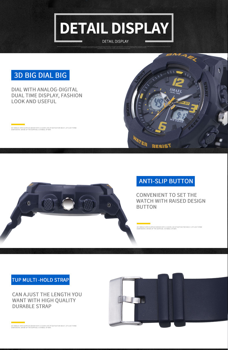 SMAEL water resistant watch sports dual display plastic double display wrist watch 1645
