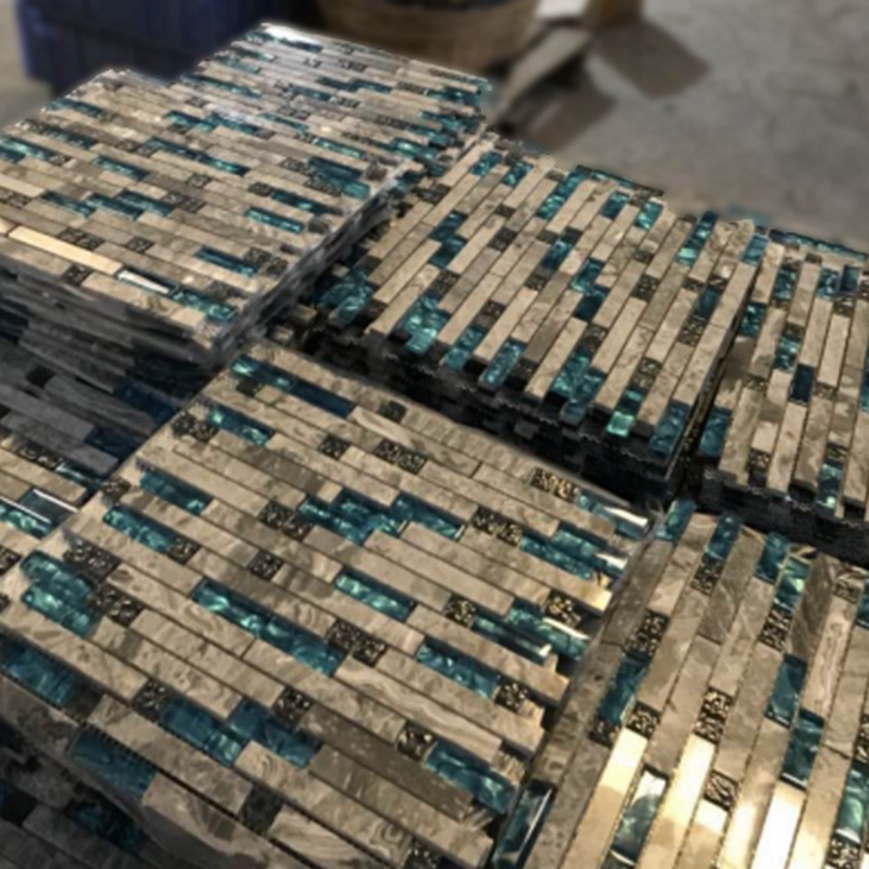 游泳池用蓝色玻璃混合石大理石马赛克瓷砖