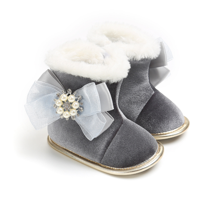 Блестящая флисовая ткань, жемчужный кружевной бант, мягкая подошва, детские зимние теплые ботинки с подкладкой