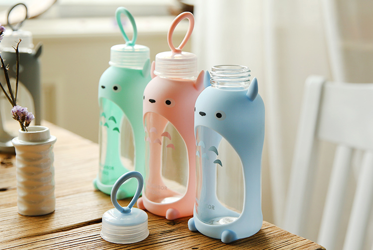 370ml Cute Totoro Cartoon Glass Cup,Travel Water Bottle With Silicone Sleeve.