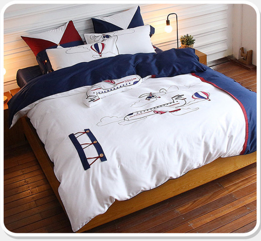 Teen child Embroidery Cartoon, 100% Cotton Transportation England Duvet Set, Kids Bedding Sets Twin Size 3Pcs for boy and girl