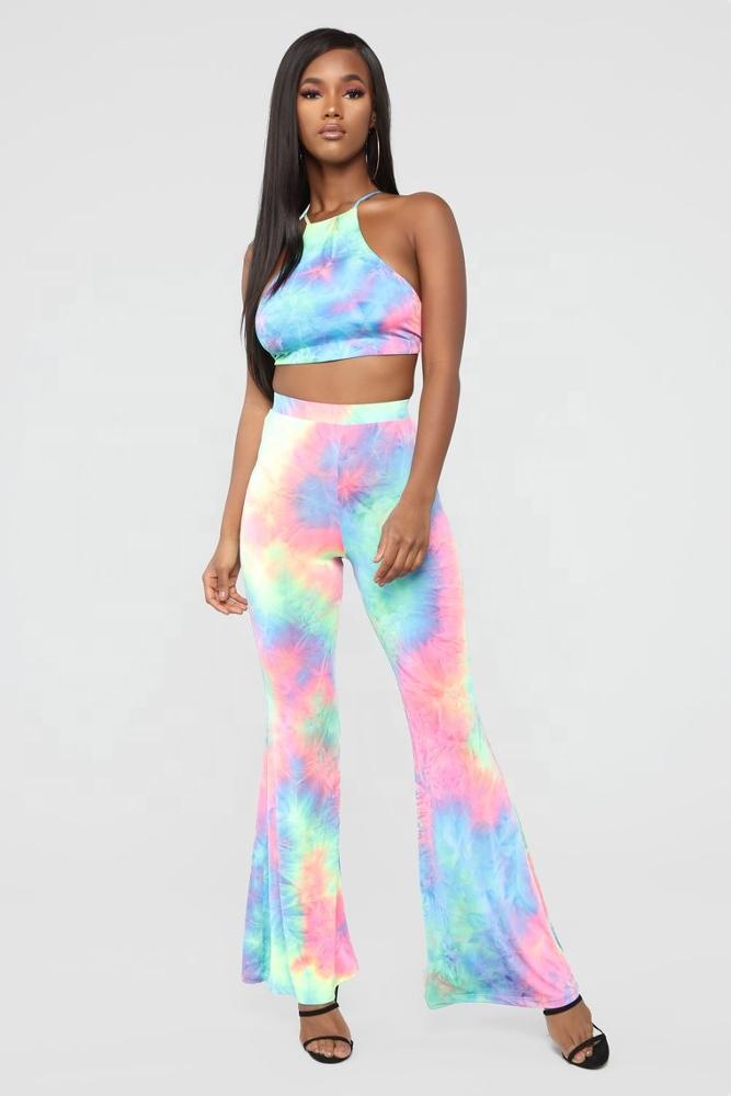 パンツ FUMIKAUCHIDA TIE-DYE CROPPED FLARE PANTS KY Sexy Tie Dye Halter Crop Top Lace-Up Tie Back Flare Pants High