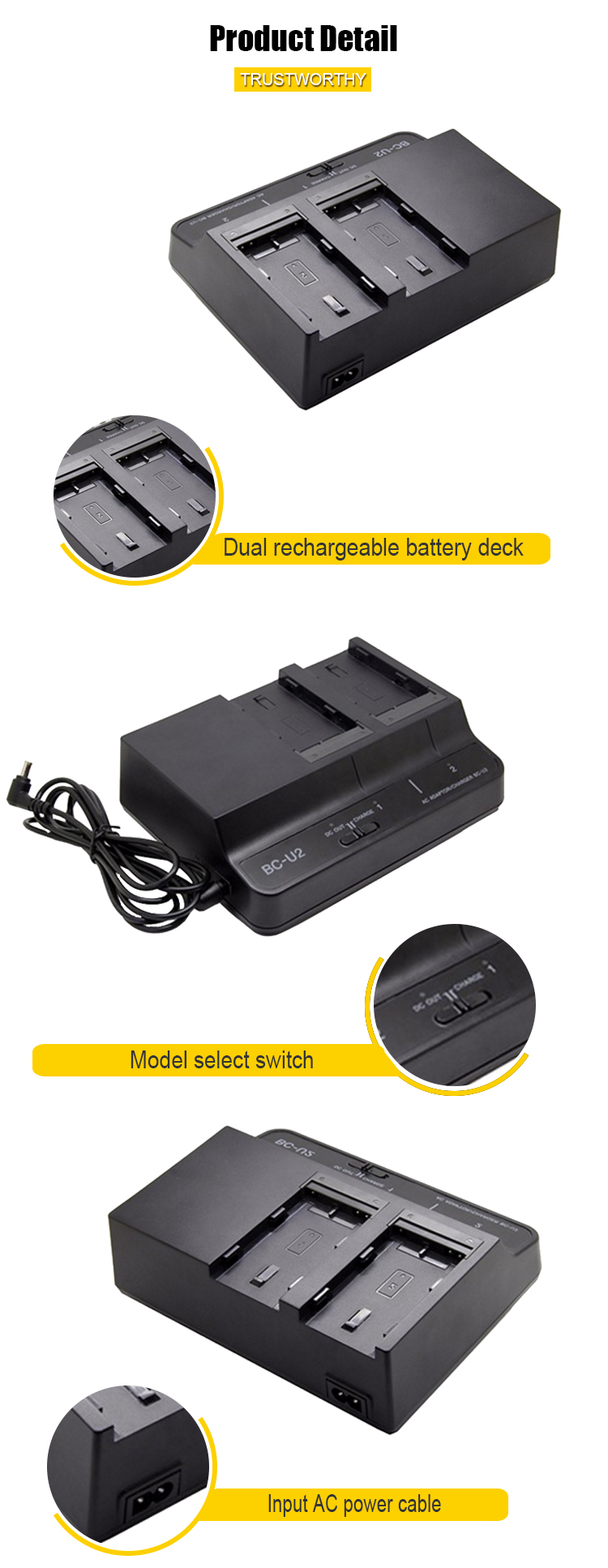 Dual Charger BC-U2 for Sony BP-U30 BP-U60 BP-U90 Batteries