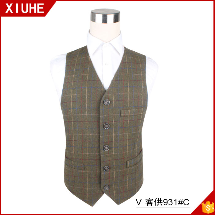 Wholesale Custom Tweed Cheap Wool Waistcoat Men Plaid Formal Suit Vest Cotton Vest Waistcoat