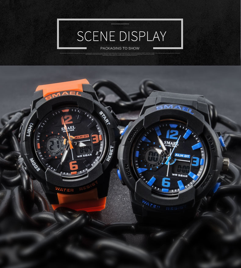SMAEL water resistant watch sports dual display plastic double display wrist watch 1645