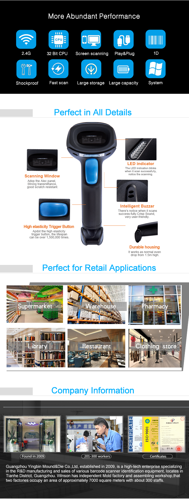 Wireless CCD Image 1D Barcode Reader High-end Cordless Auto Scanning Gun Wireless Handheld Rugged Barcode Scanner