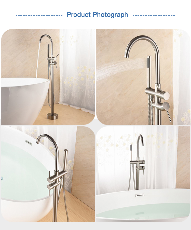 Bathroom Brass Brush Nickel Floor Mounted Tub Filler Freestanding Bath Tub Shower Faucet