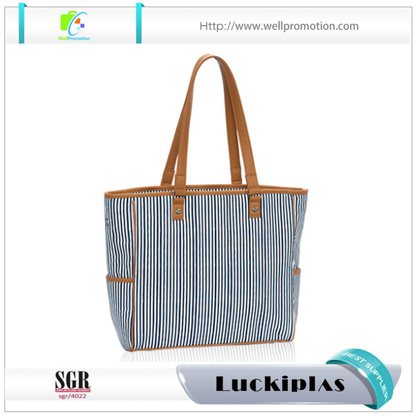 Borsa shopping da spiaggia da donna in tela a strisce verticali con manici in pelle