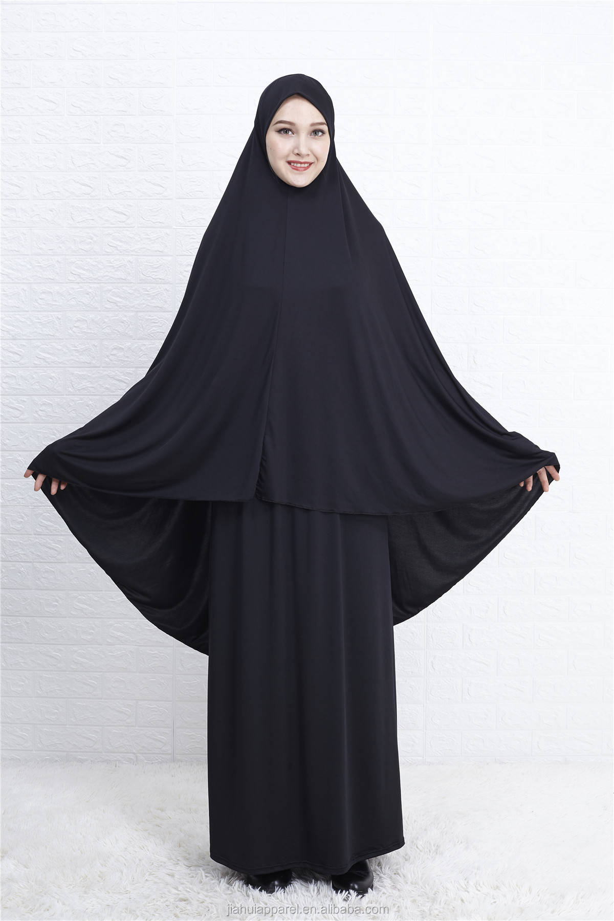 在股票谦虚穿穆斯林妇女纯色头顶jilbab两件套盖头abaya khimar头巾