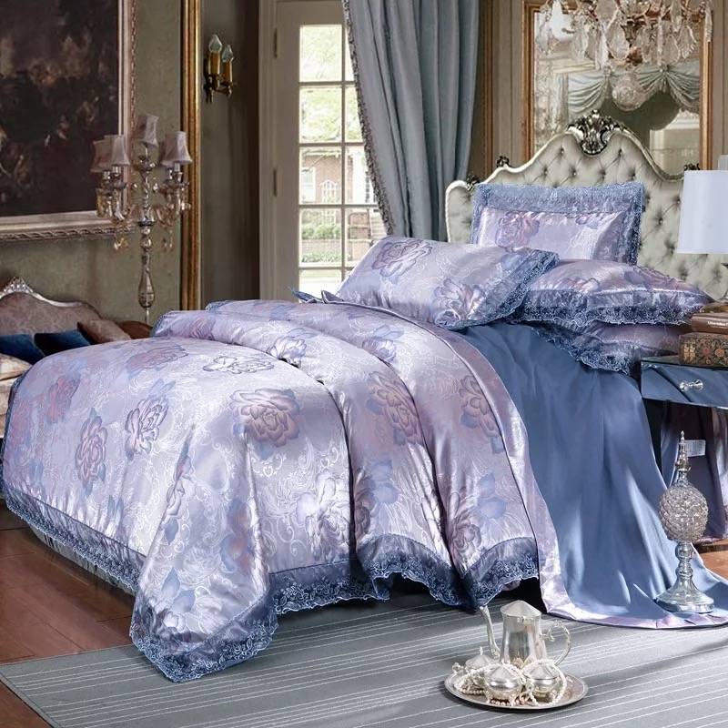 Delicate Floral Pattern Bedding Sets, 4 Pcs Sateen European Luxury Jacquard Comforter Sets, Duvet Cover Flat Sheet and pillows