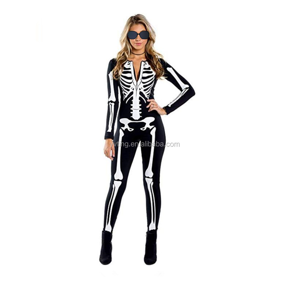 new arrival women's skeleton halloween costume bodysuit with back printing