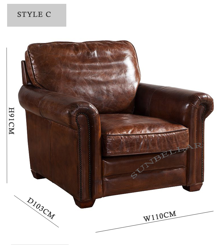 luxury home furniture America vintage tan leather sofa roll arm single seat armchair antique genuine leather sofa
