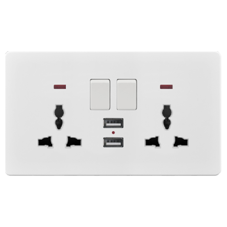 13A 2 Gang MF коммутационная розетка, двойная USB-розетка, электрическая розетка с неоновым и USB-портом