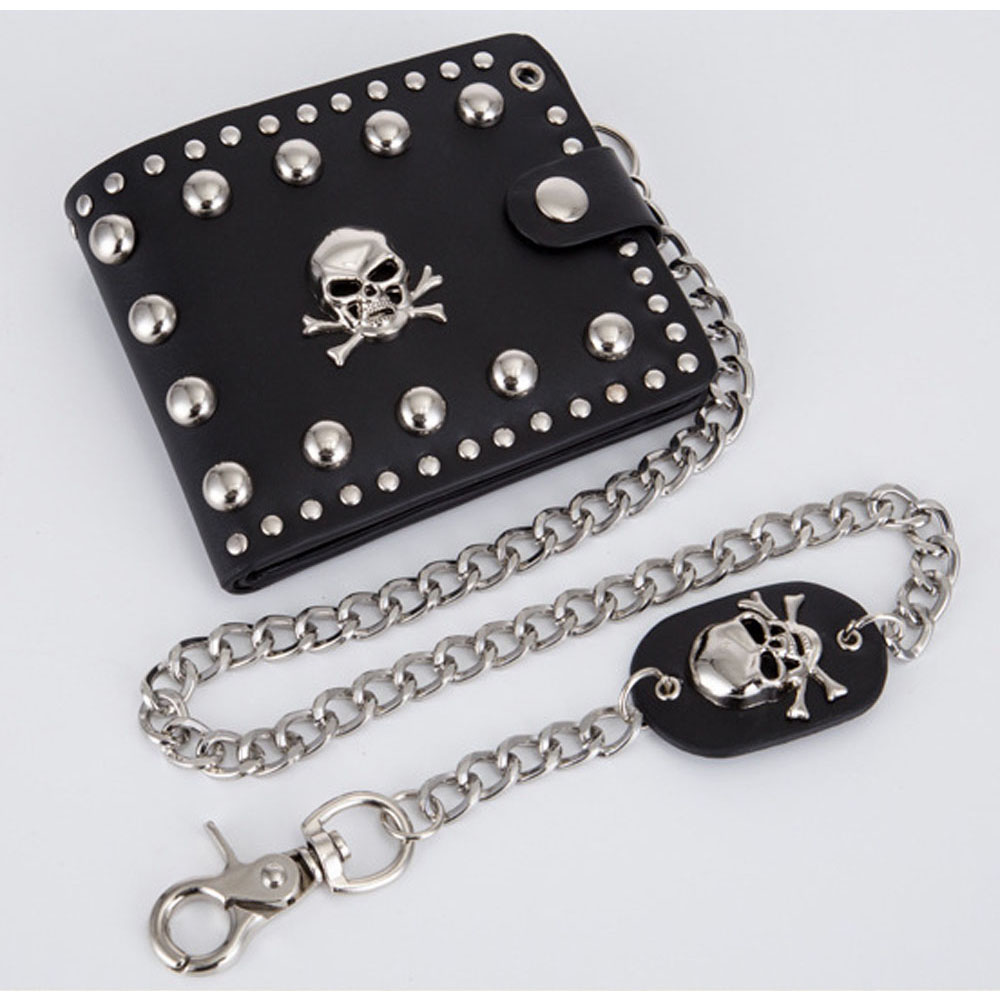 Hommes Cuir Véritable Motard Camionneur Rock Argent Pièces chaîne courte portefeuille sac à main noir