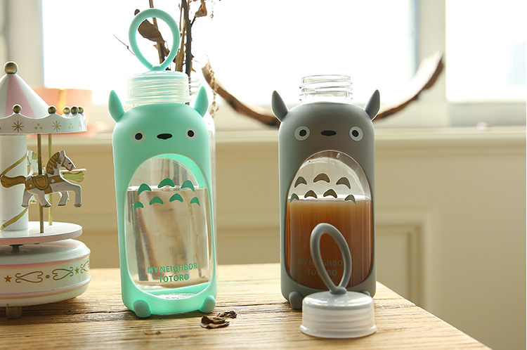 370ml Cute Totoro Cartoon Glass Cup,Travel Water Bottle With Silicone Sleeve.