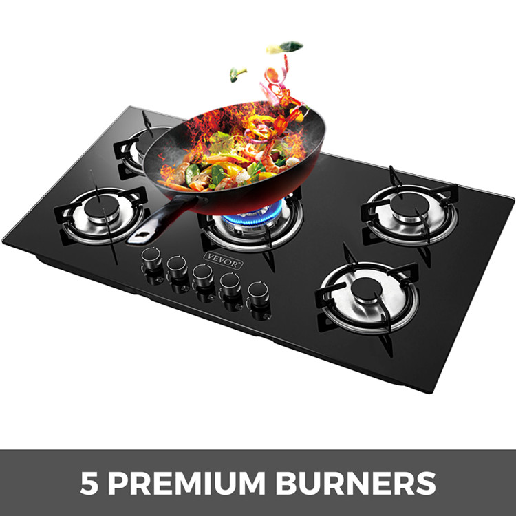 91.5cm 5 gas burner tempered glass panel auto ignition gas stove