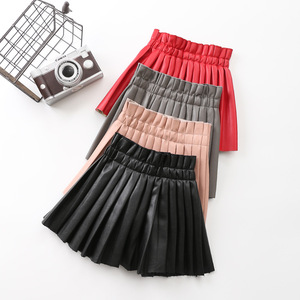 2019 Autumn Vintage Kid Girl Pleated Skirt Children Girl Solid Pu Leather Pleated Skirt Short School Girl Skirt for 4-8T