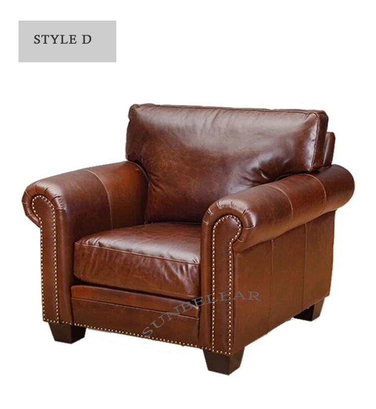 luxury home furniture America vintage tan leather sofa roll arm single seat armchair antique genuine leather sofa