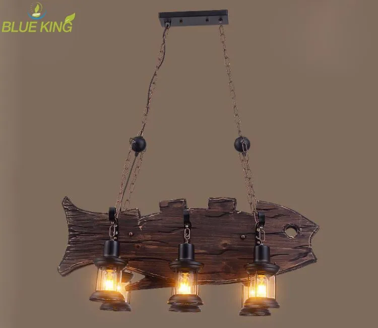 Large iron chain ancient wood fish shape glass ceiling chandelier for hotel decoration