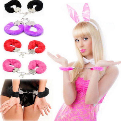 FURRY FLUFFY BLACK METAL HANDCUFFS FANCY DRESS HEN NIGHT STAG NAUGHTY PLAY TOYS