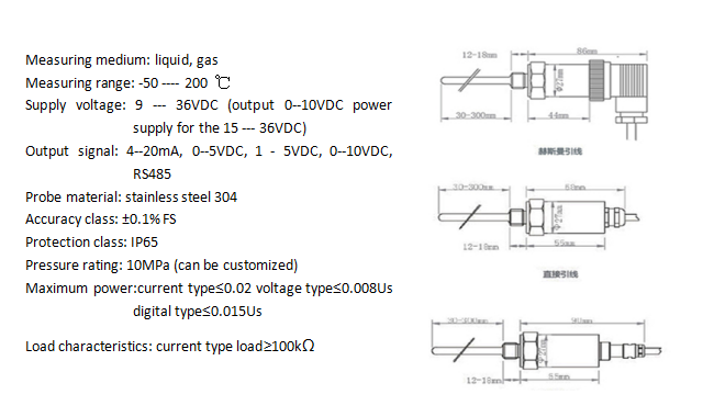 High Temperature Sensor Transducer Pt100 Temp Sensor 30mm 100mm