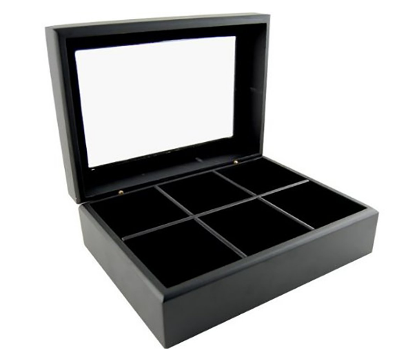 Черный деревянный ящик для чайных пакетиков со стеклянной крышкой, 6 отсеков