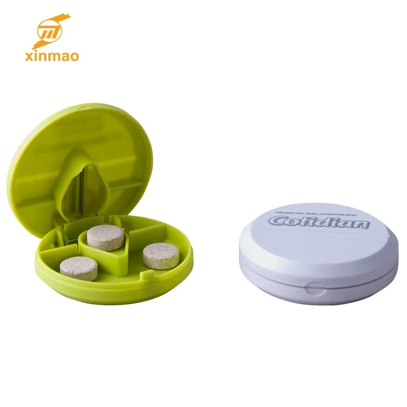 Оптовая продажа, круглая коробка для таблеток, недорогая коробка для хранения таблеток конфетного цвета с резаком для промо