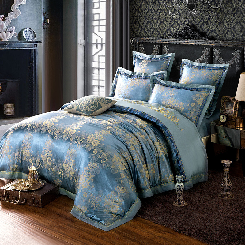 Delicate Floral Pattern Bedding Sets, 4 Pcs Sateen European Luxury Jacquard Comforter Sets, Duvet Cover Flat Sheet and pillows