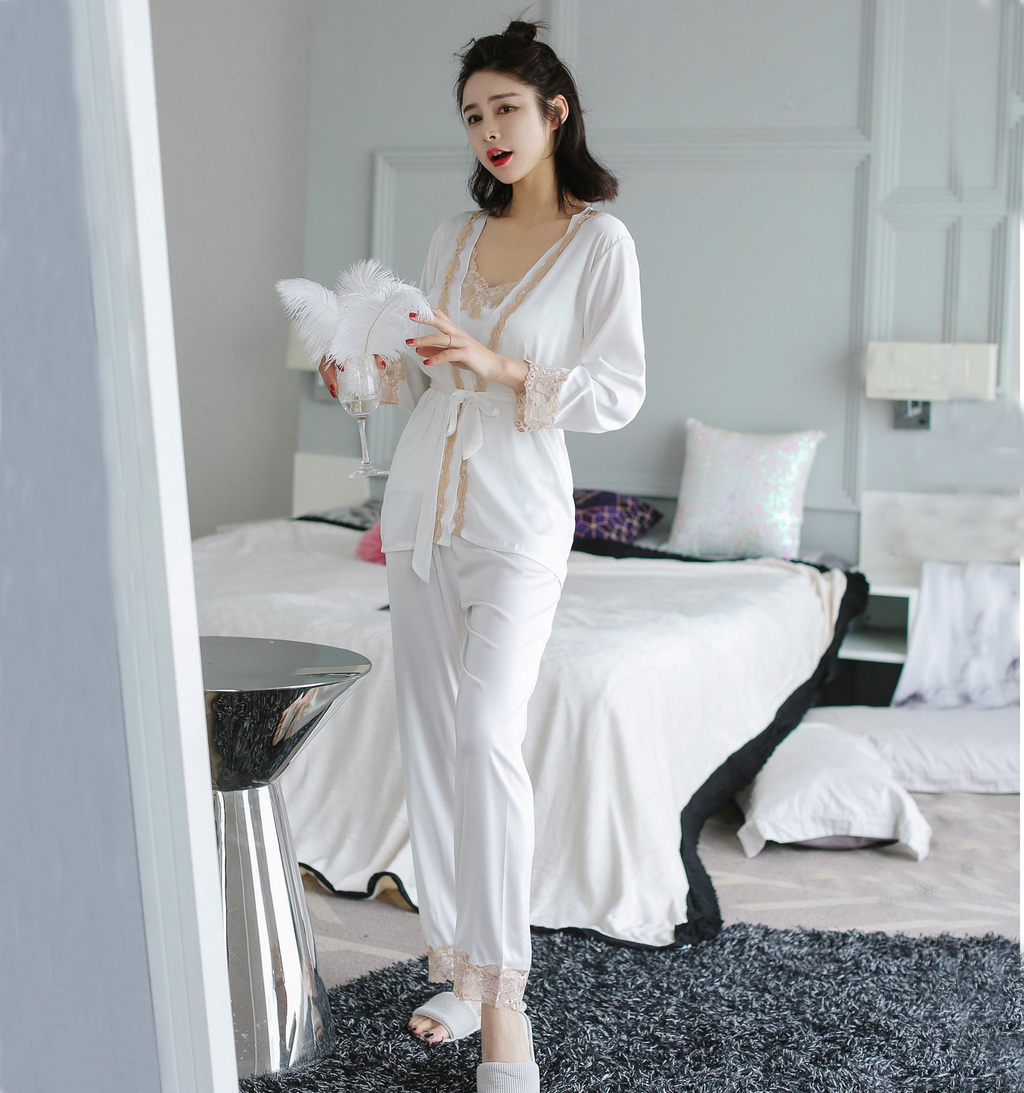 女式性感睡衣女士柔软真丝绸缎睡衣套装蕾丝吊带背心3件套装上衣长款